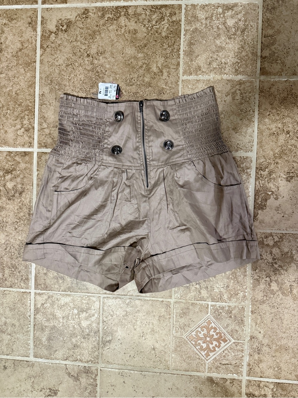 High-Waist Taupe Women’s Shorts with Button Front